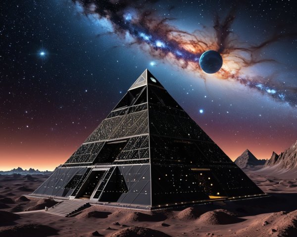 Mirrored Pyramid in a Desert Under a Starry Sky