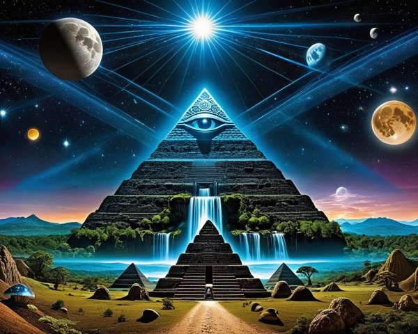 Mystical Landscape with Pyramid and Cosmic Elements