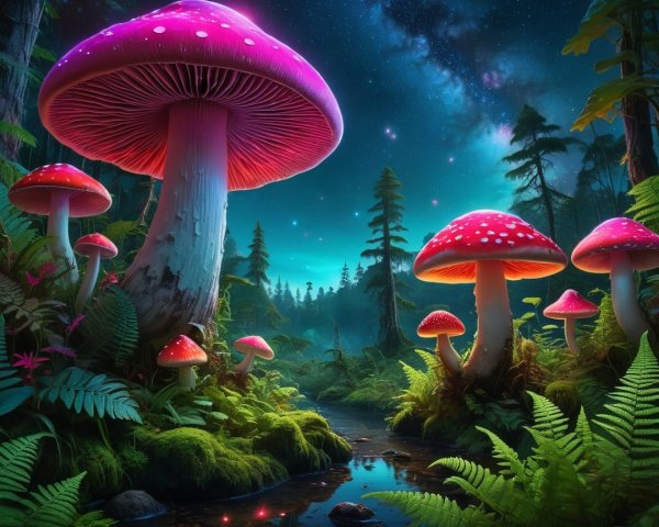Luminous Pink-Capped Mushrooms in a Mystic Forest