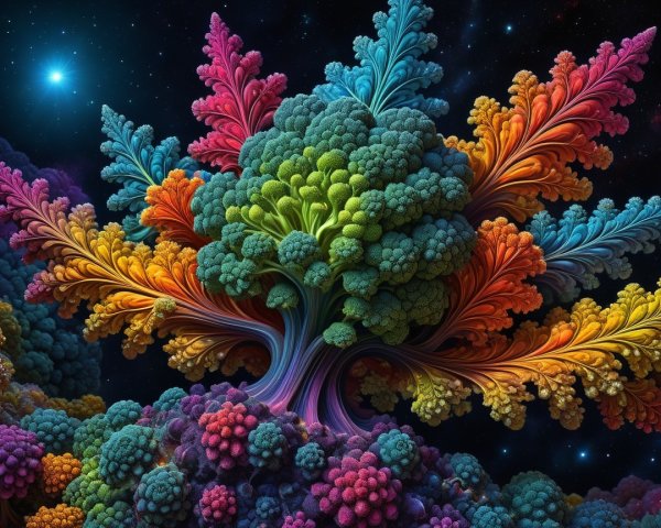 Surreal Landscape with Fractal Tree and Starry Cosmos