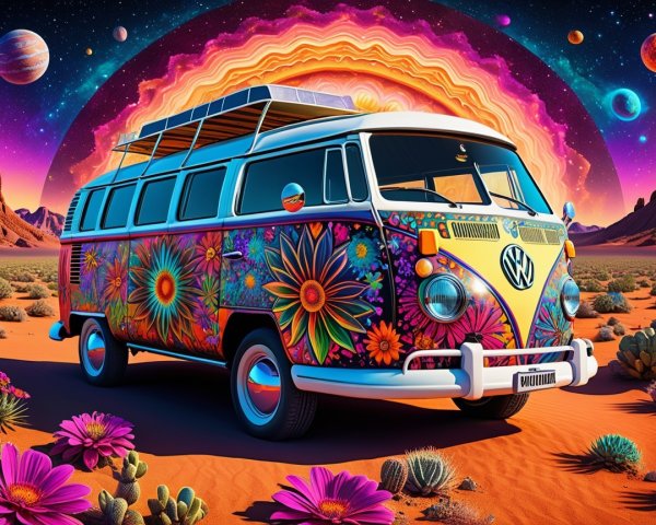 Vibrant VW Van in a Cosmic Desert Landscape