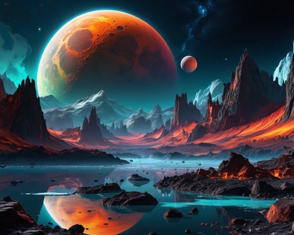 Alien Landscape with Fiery Mountains and Water Reflection