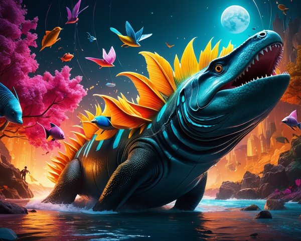 Dinosaur-like Creature in a Mystical River Scene