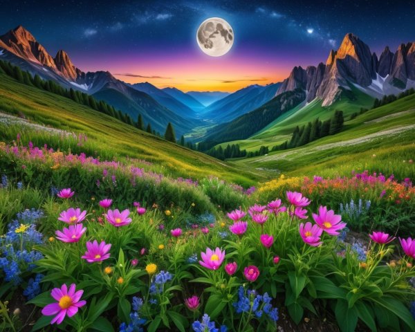 Vibrant Wildflower Hills and Majestic Mountains at Twilight