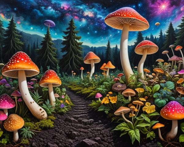 Vibrant Mushrooms in a Fantastical Forest Landscape