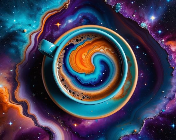 Vibrant Coffee Cup Against Cosmic Background