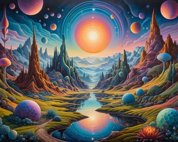 Surreal Landscape with Majestic Mountains and Galaxies