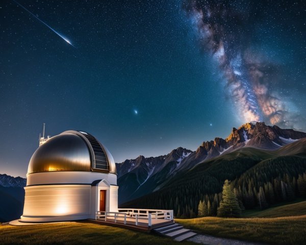 Observatory Under Starry Sky with Milky Way and Mountains