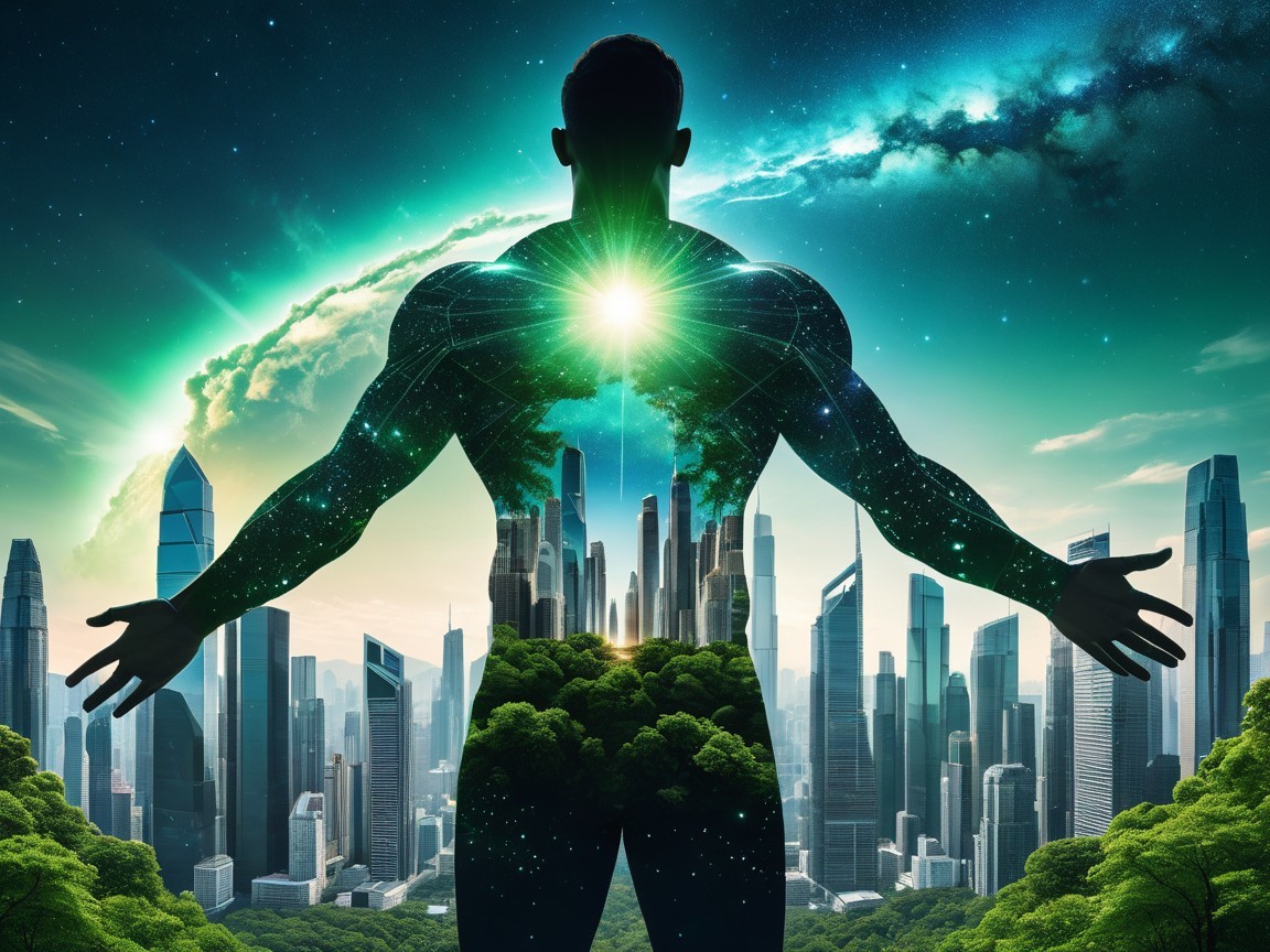 Silhouette with Nature and City Against Cosmic Background