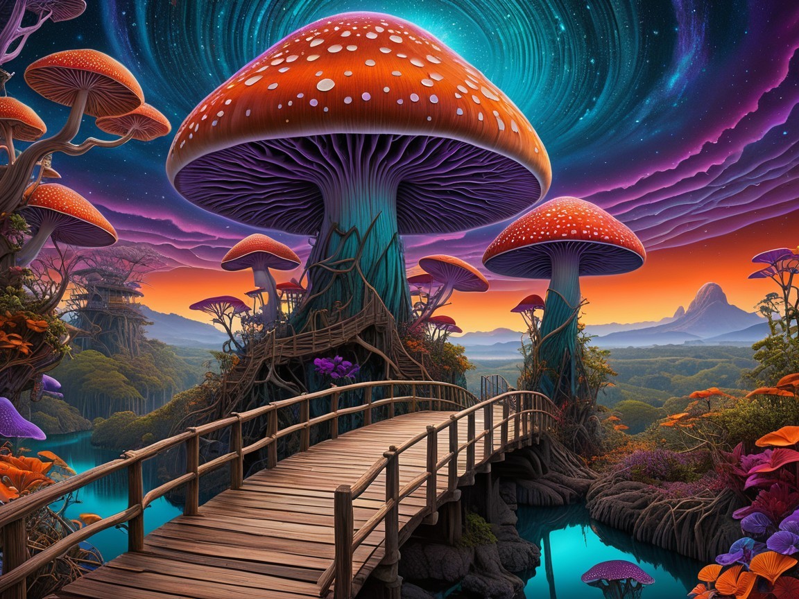 Surreal Landscape with Vibrant Mushrooms and Bridge