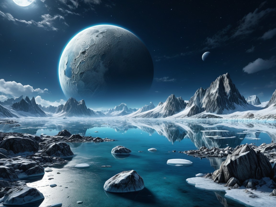 Icy Landscape with Mountains and Starry Sky