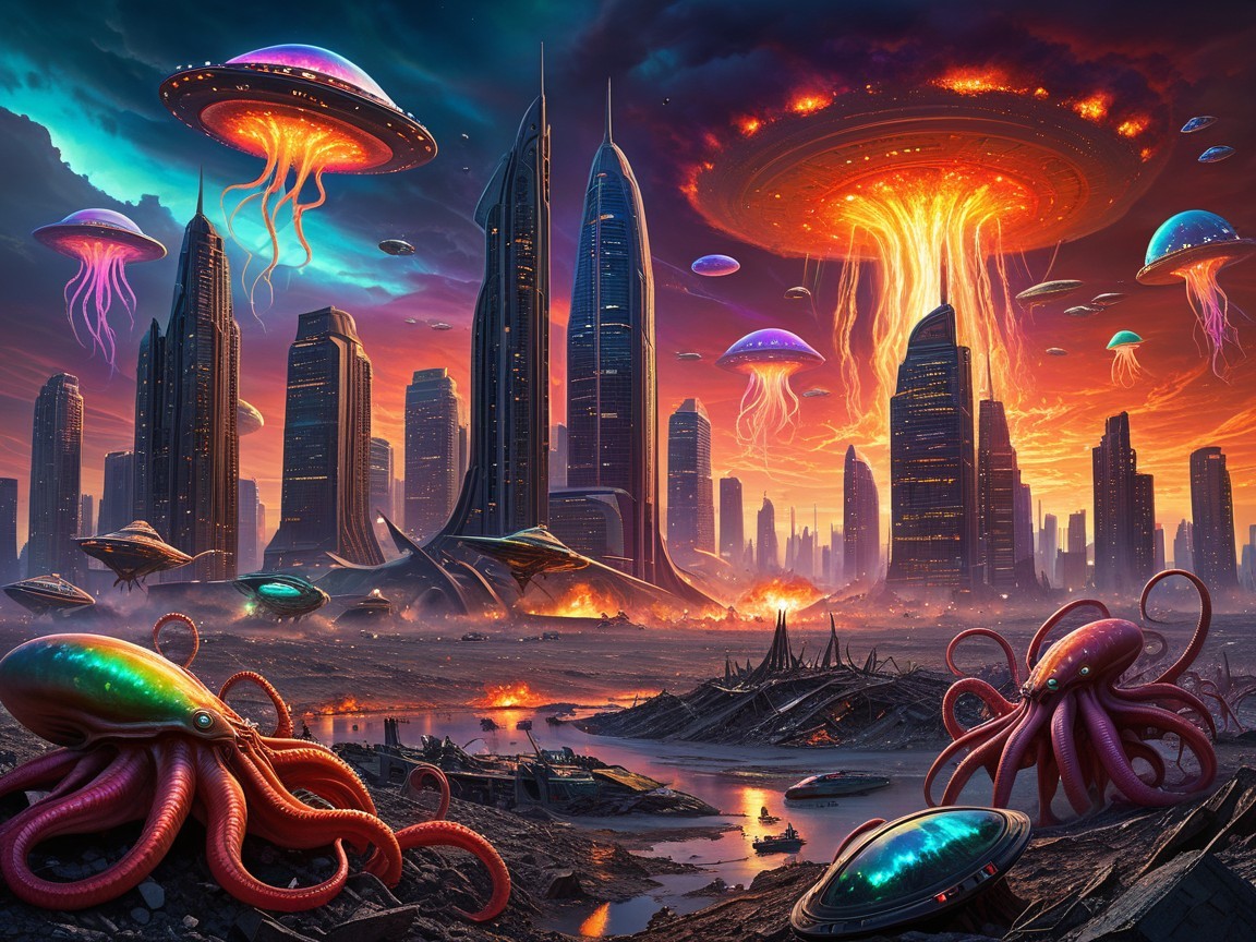 Futuristic cityscape with jellyfish and UFOs in chaos
