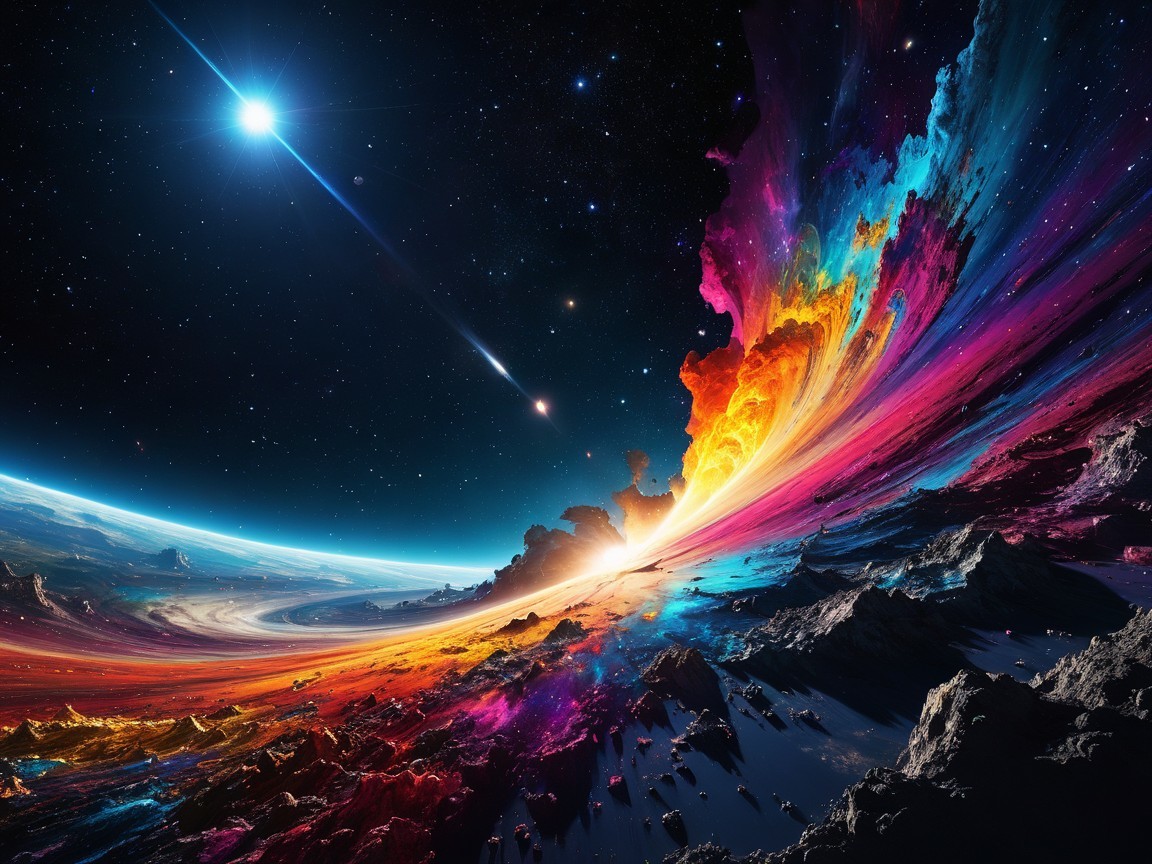 Vibrant Cosmic Nebula Over Mountainous Landscape