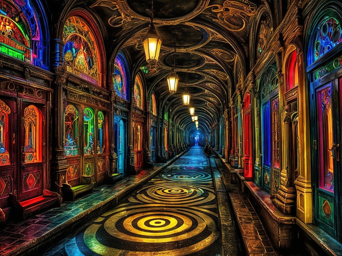 Mystical Corridor with Stained Glass and Lanterns