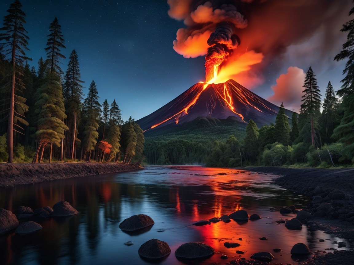 Volcano Eruption at Twilight with Lush Landscape