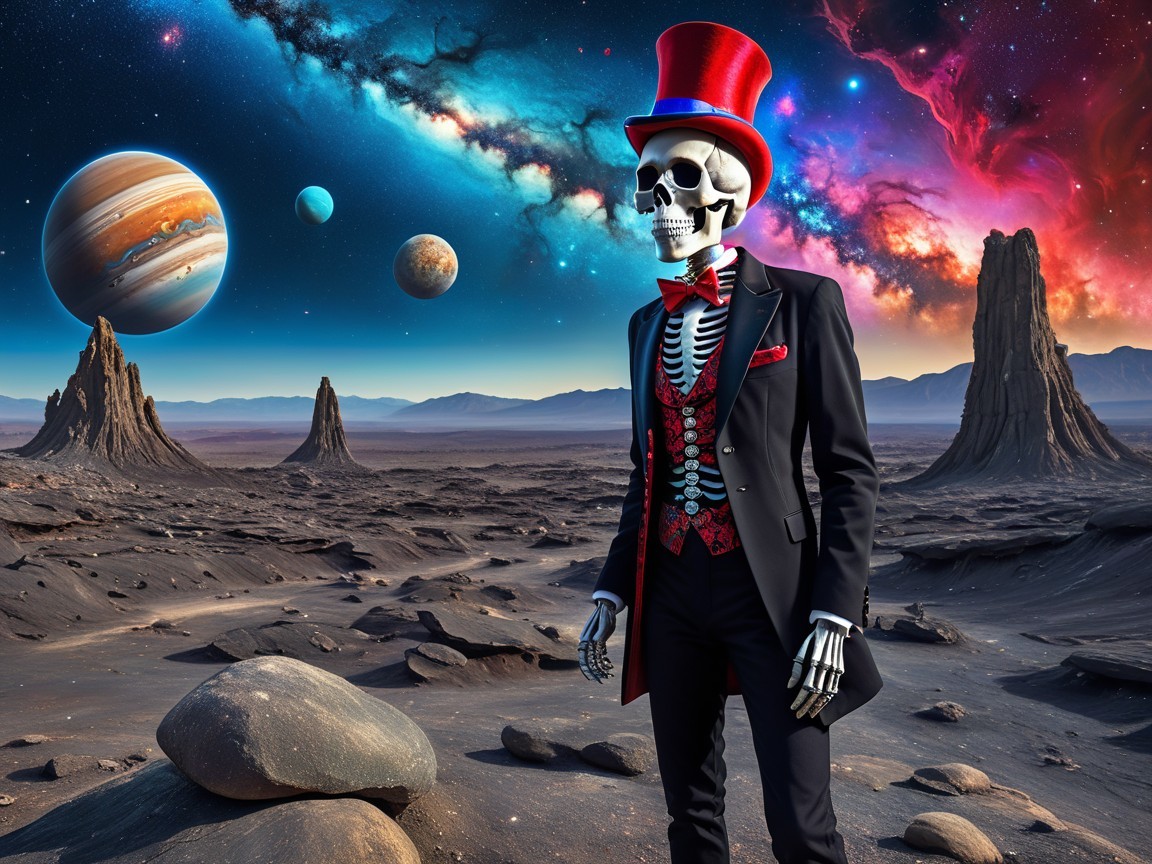 Skeleton in Suit on Alien Landscape with Cosmic View