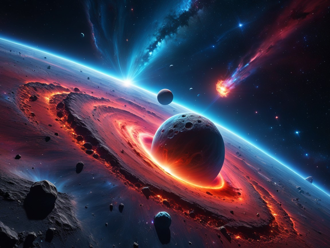 Vibrant Cosmic Scene with Planet and Fiery Debris