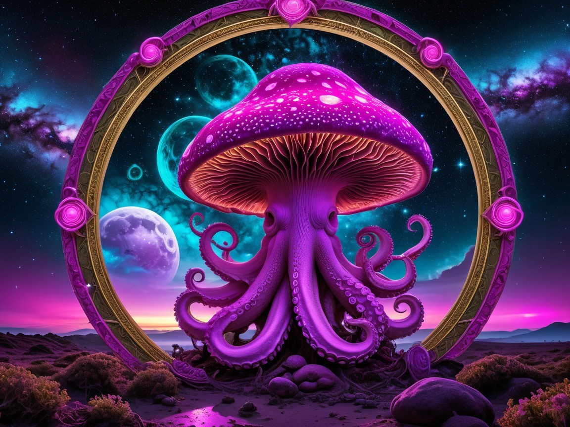 Surreal Scene of Glowing Mushroom with Tentacles