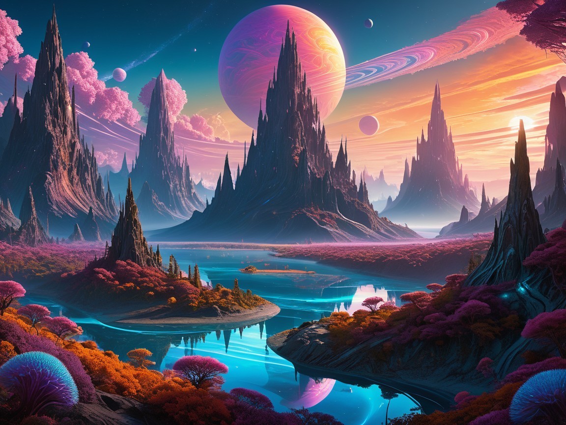 Alien Landscape with Mountains and Colorful Skies