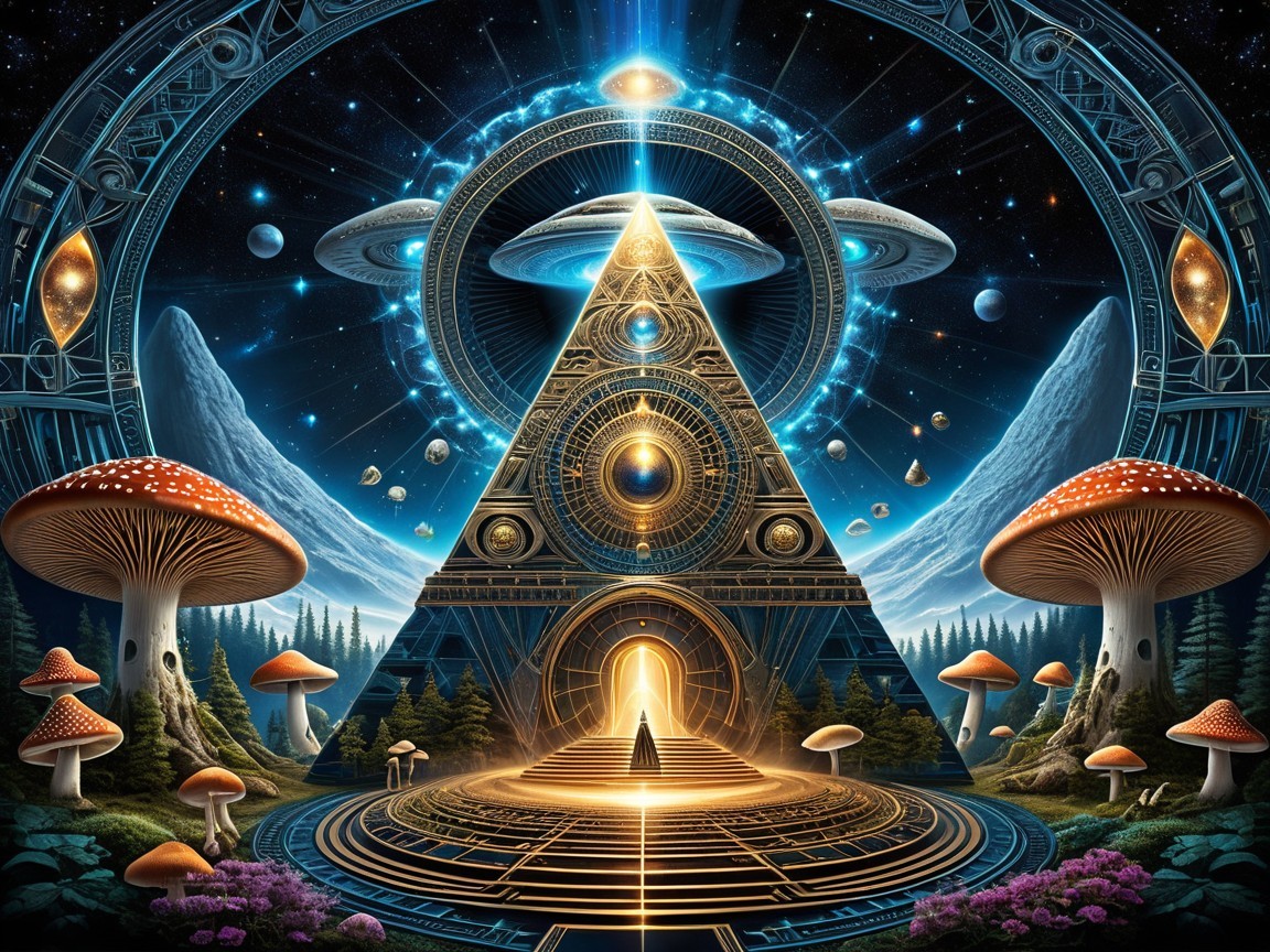 Mystical Landscape with Pyramid and Vibrant Mushrooms
