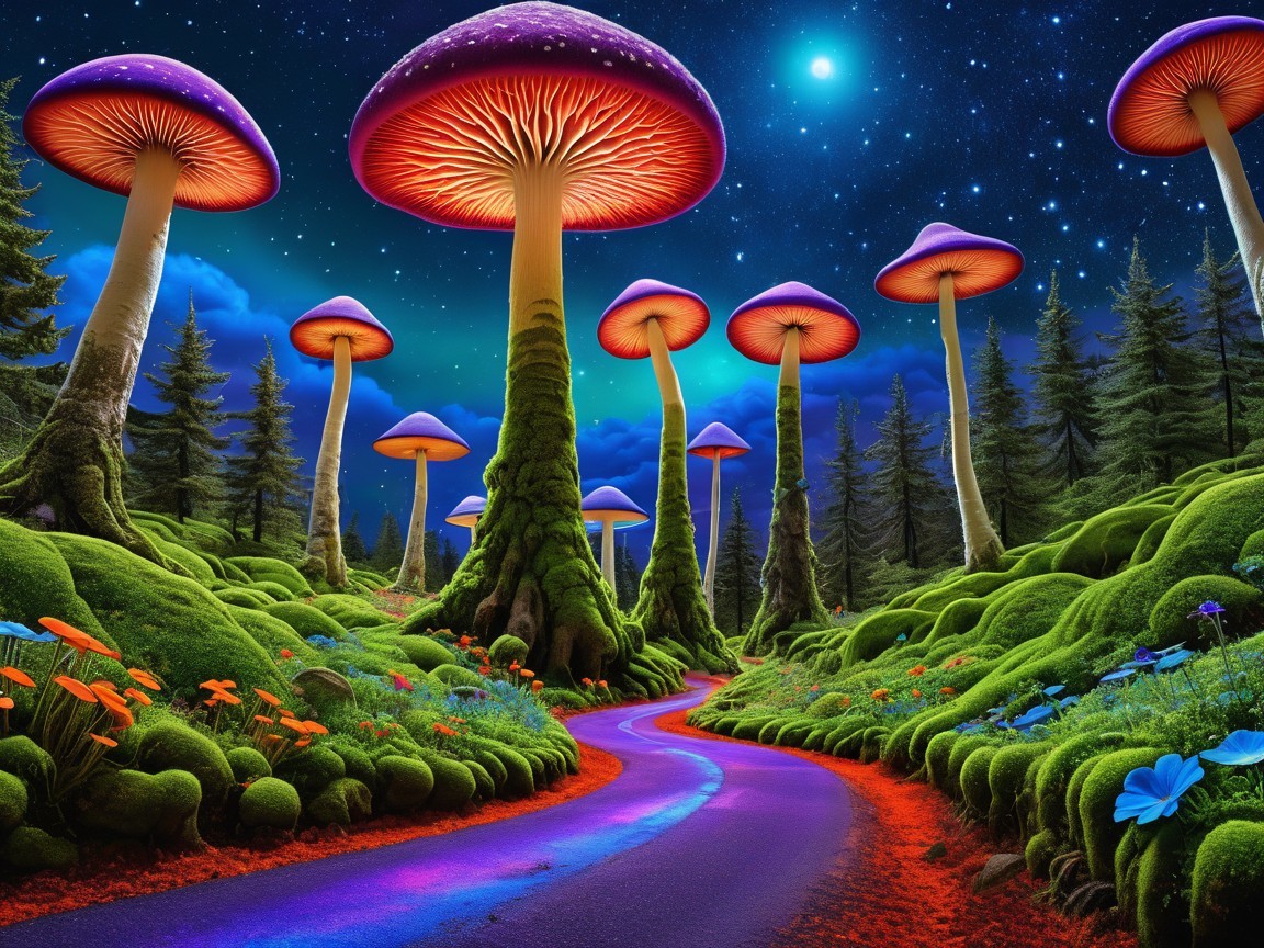 Whimsical Landscape with Colorful Mushrooms and Flowers