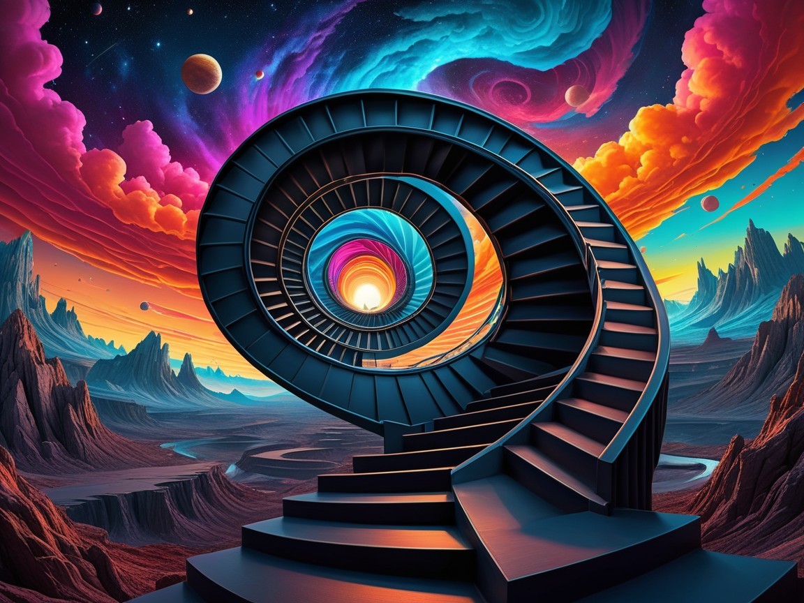 Surreal Spiraling Staircase in a Cosmic Landscape
