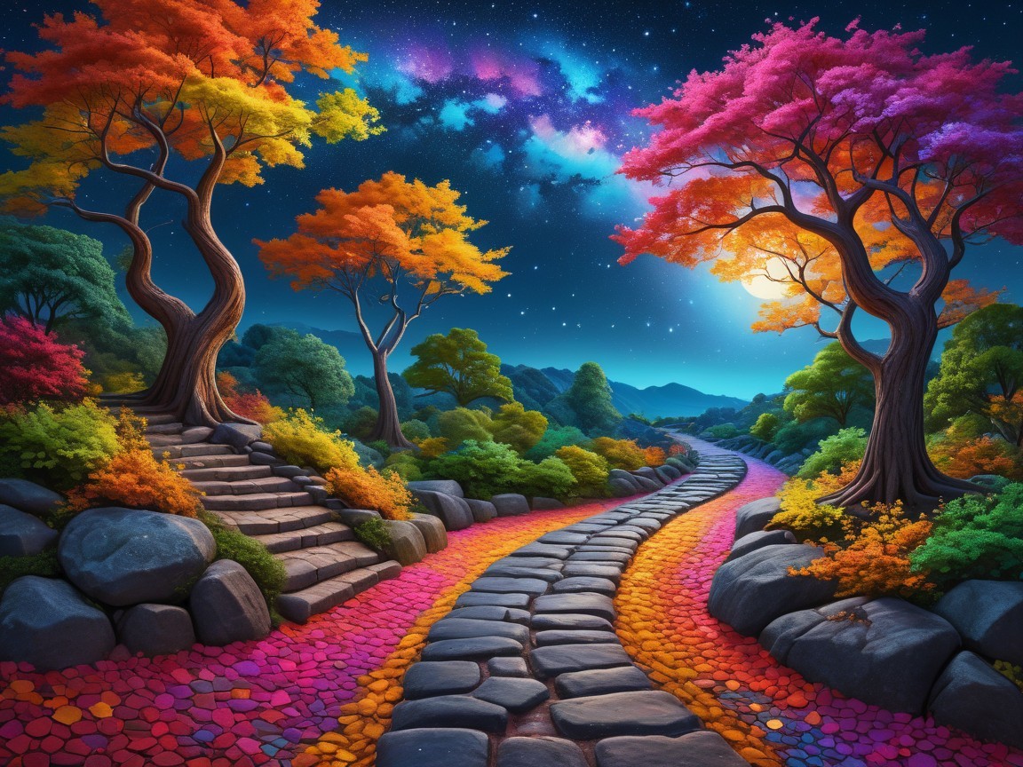 Autumn Pathway with Vibrant Trees and Twilight Sky