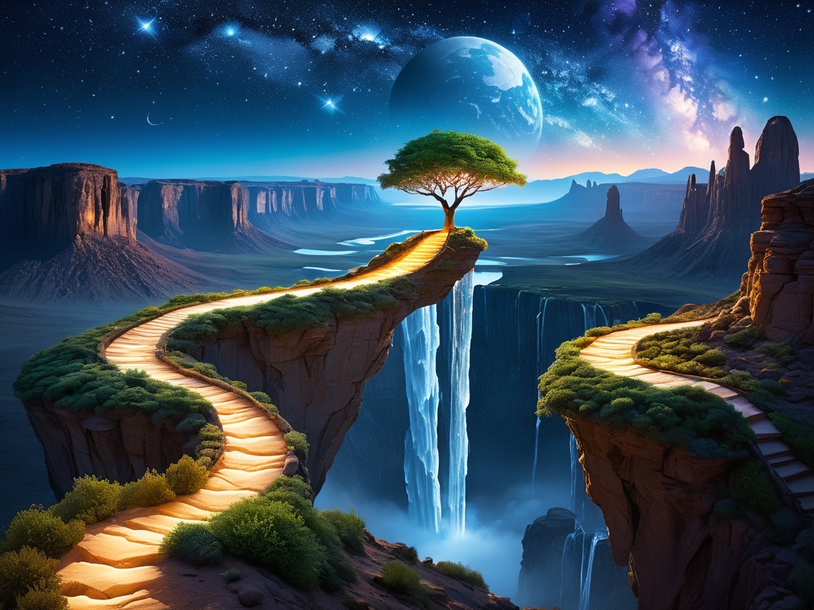 Surreal Landscape with Golden Path and Cosmic Sky