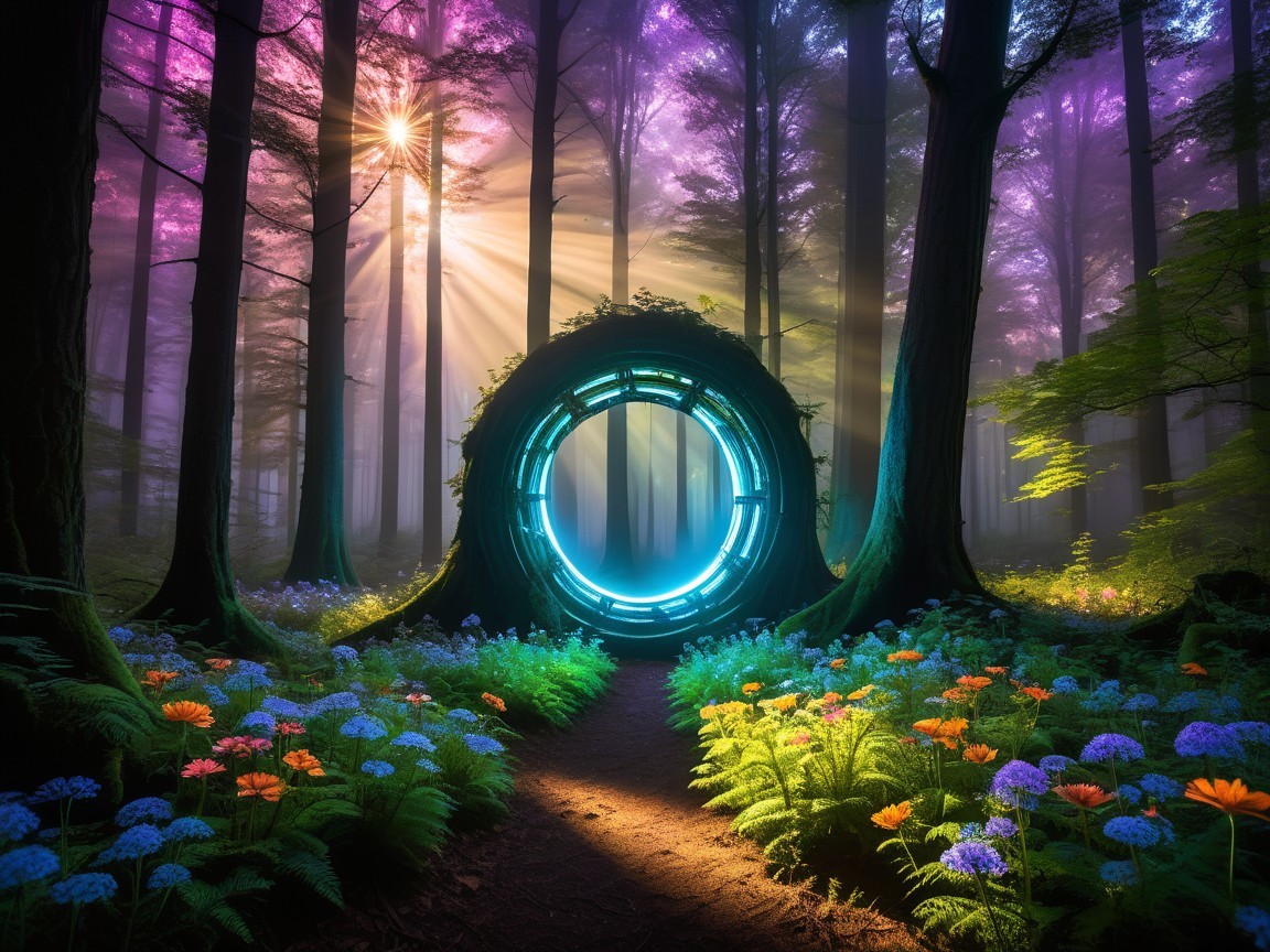 Mystical forest with vibrant purple and gold hues