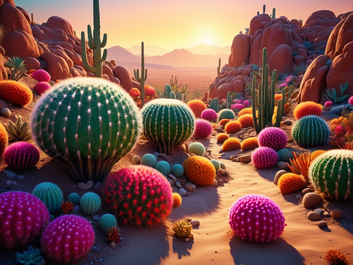 Vibrant Desert Landscape with Colorful Cacti at Sunset
