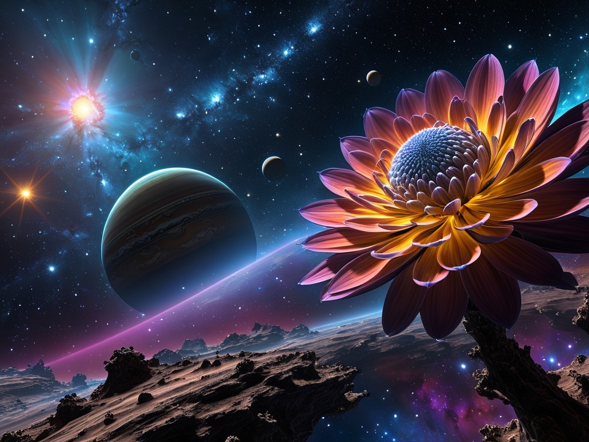 Vibrant Cosmic Scene with Colorful Flower and Space Elements