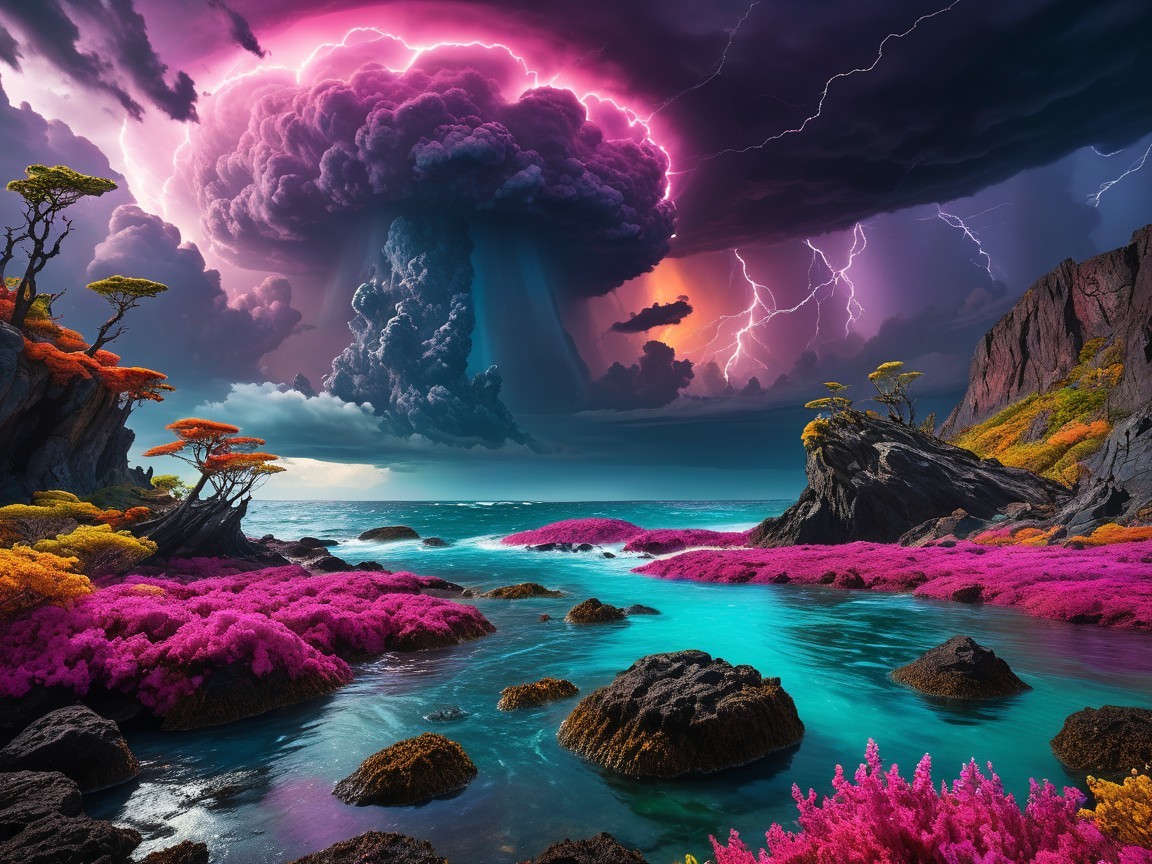 Surreal Seascape with Stormy Clouds and Vibrant Flora