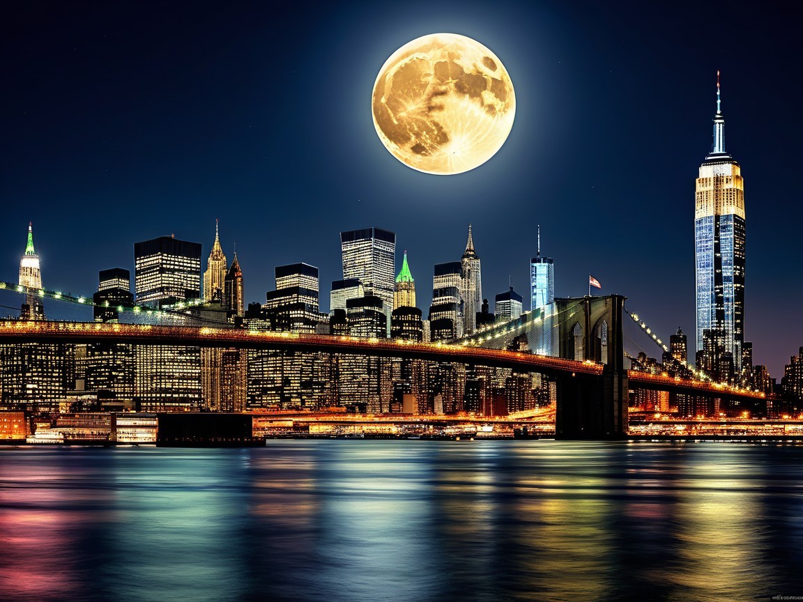 New York City Night Skyline with Brooklyn Bridge and Moon