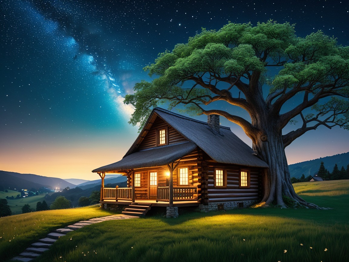 Cozy log cabin in serene twilight landscape with stars