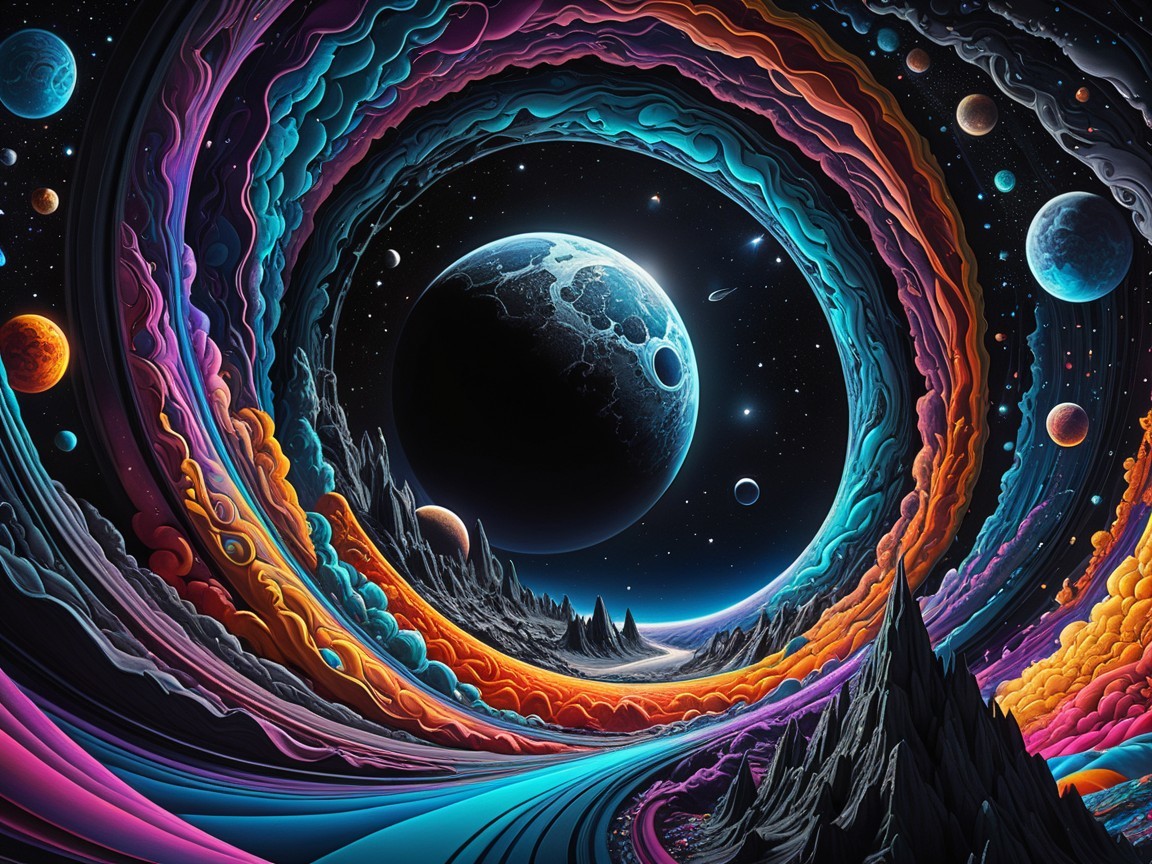 Cosmic Scene with Colorful Waves and Celestial Bodies