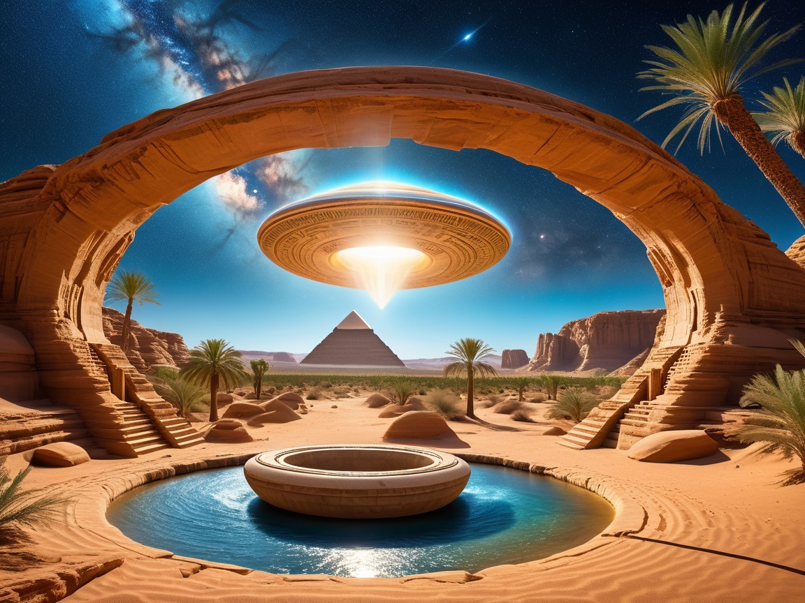 Futuristic desert scene with pyramid and spaceship