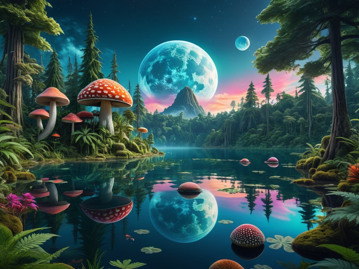 Serene Fantasy Landscape with Lake and Sunset
