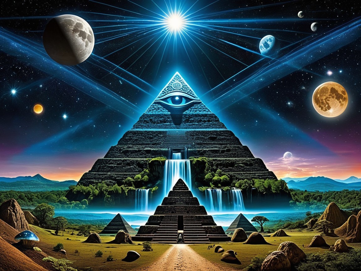 Mystical Landscape with Pyramid and Cosmic Elements