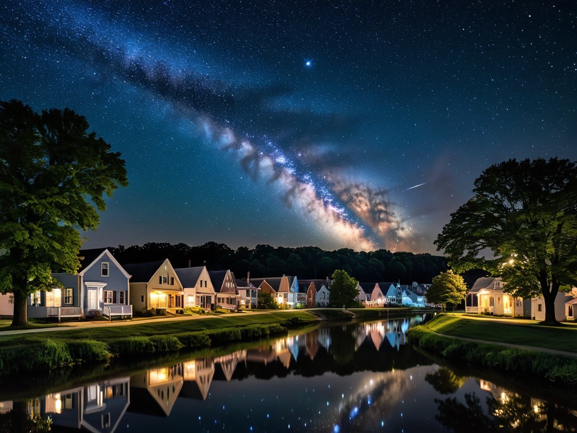 Starry Night Over a Small Town and a Serene River