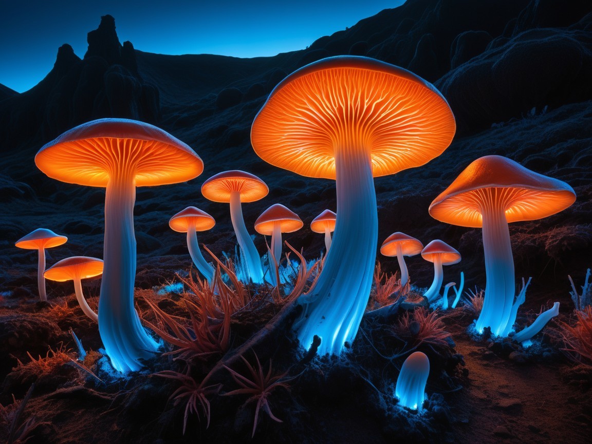 Bioluminescent Mushrooms in a Mystical Landscape