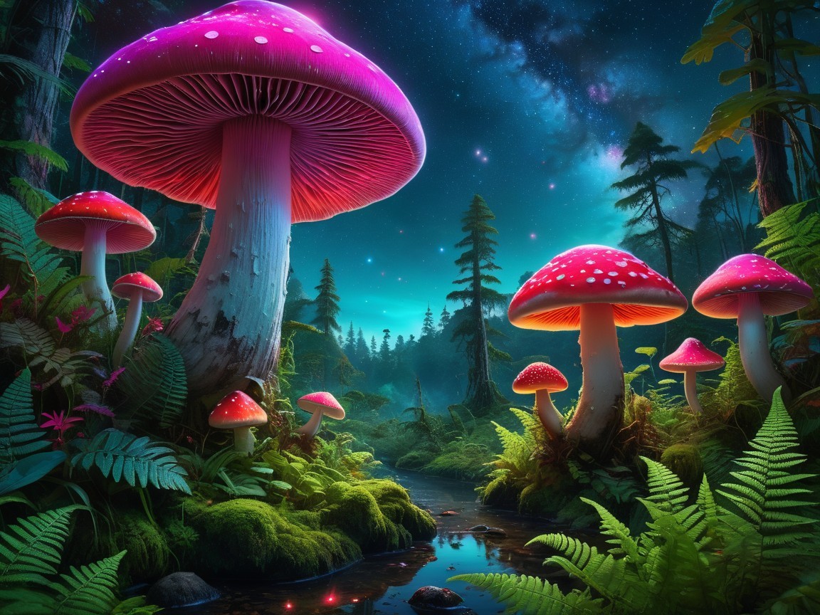 Luminous Pink-Capped Mushrooms in a Mystic Forest