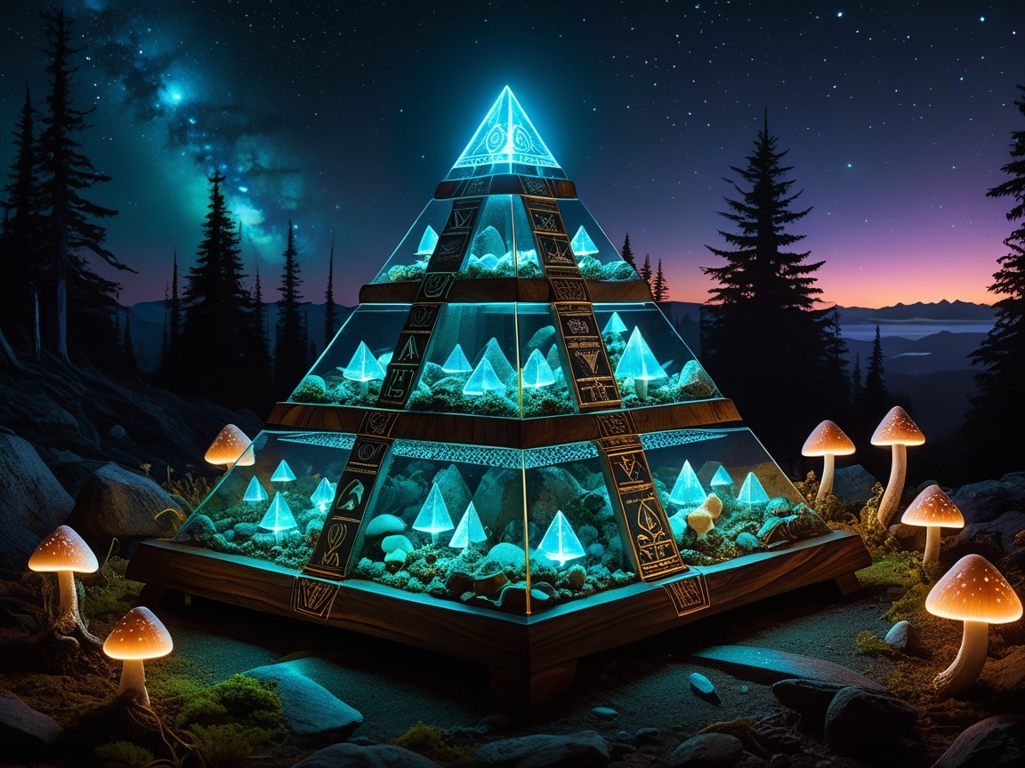 Glowing Glass Pyramid Surrounded by Bioluminescent Mushrooms