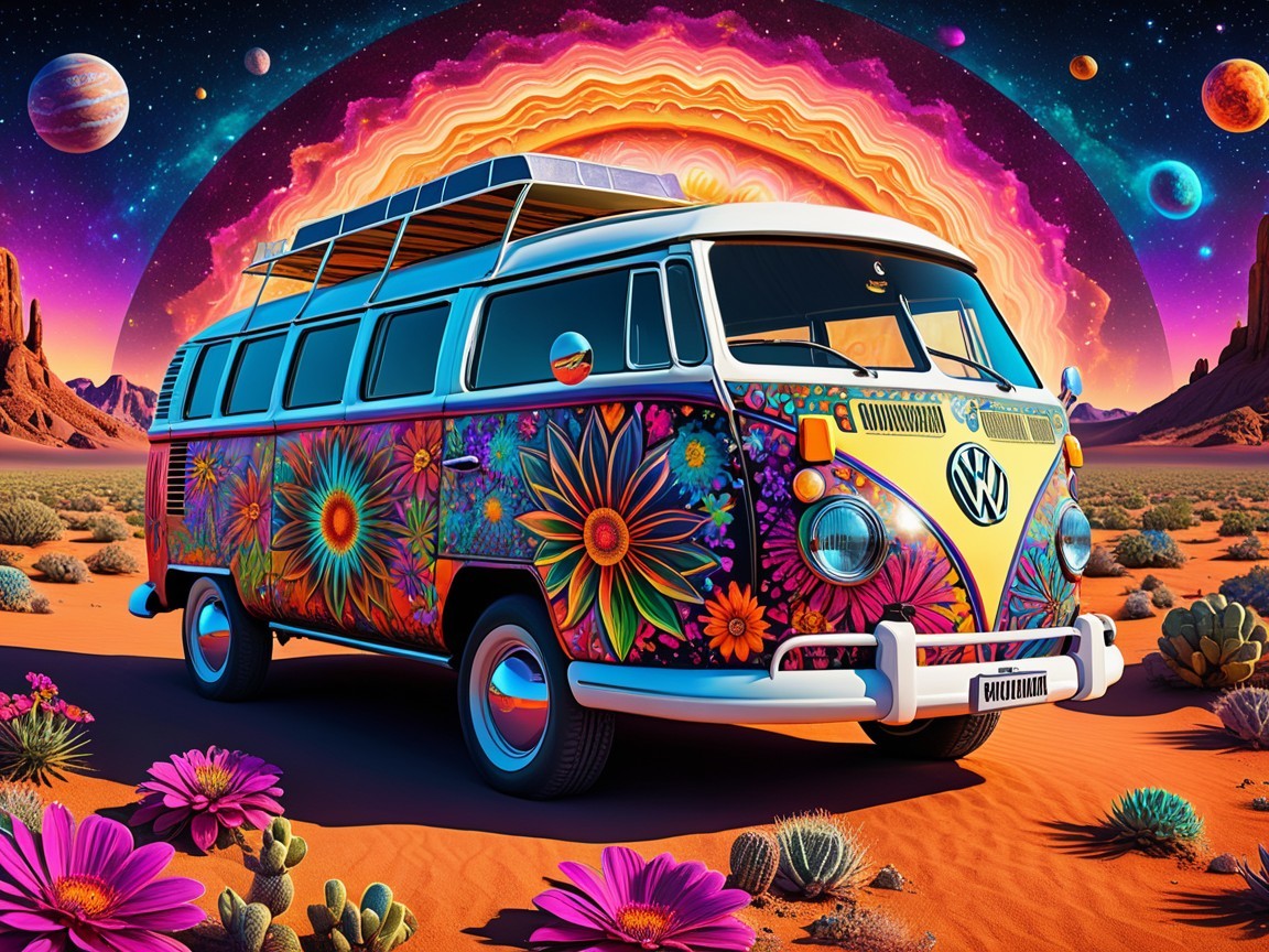 Vibrant VW Van in a Cosmic Desert Landscape