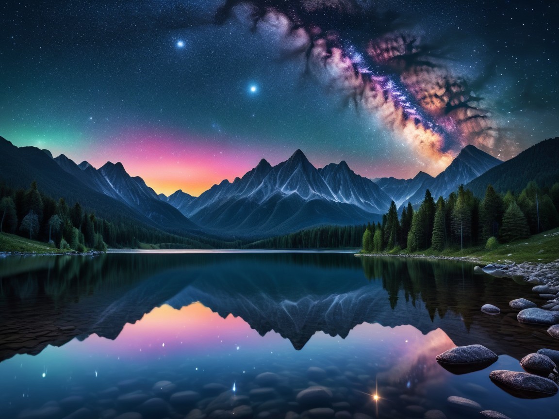 Majestic Mountains and Starry Night Over a Lake