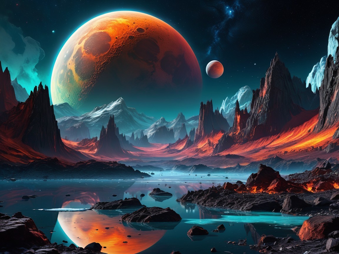 Alien Landscape with Fiery Mountains and Water Reflection