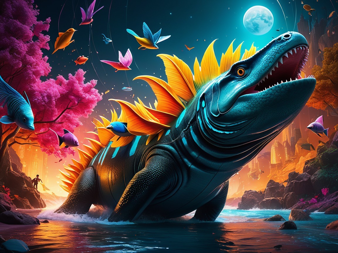 Dinosaur-like Creature in a Mystical River Scene