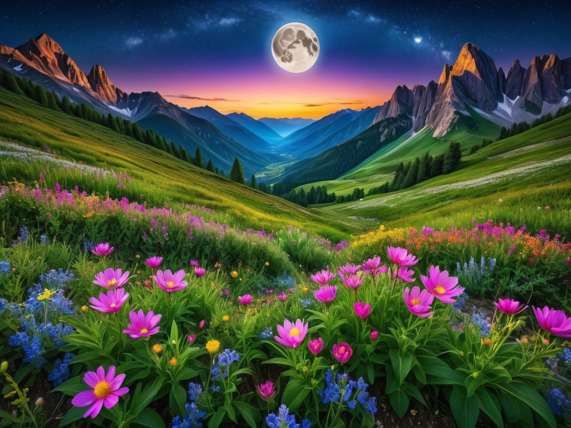 Vibrant Wildflower Hills and Majestic Mountains at Twilight