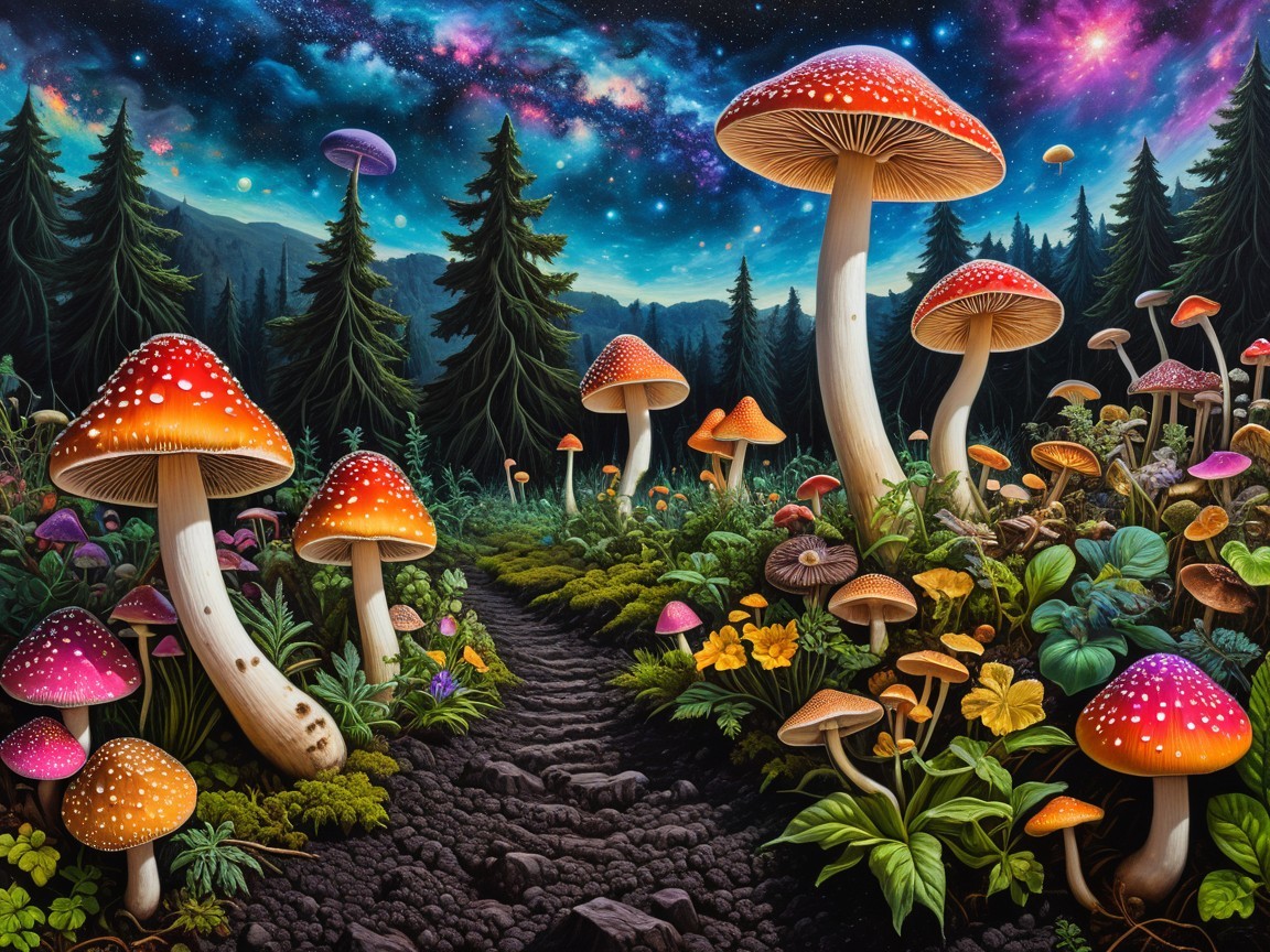 Vibrant Mushrooms in a Fantastical Forest Landscape