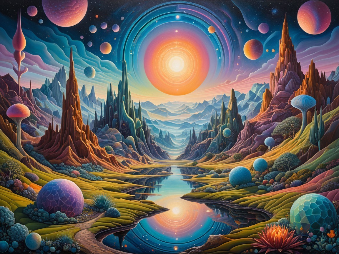 Surreal Landscape with Majestic Mountains and Galaxies