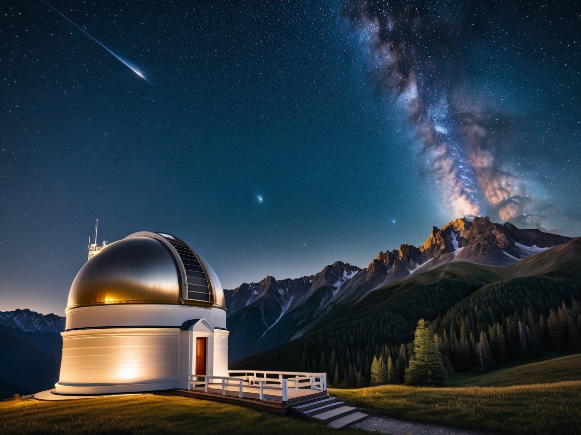Observatory Under Starry Sky with Milky Way and Mountains
